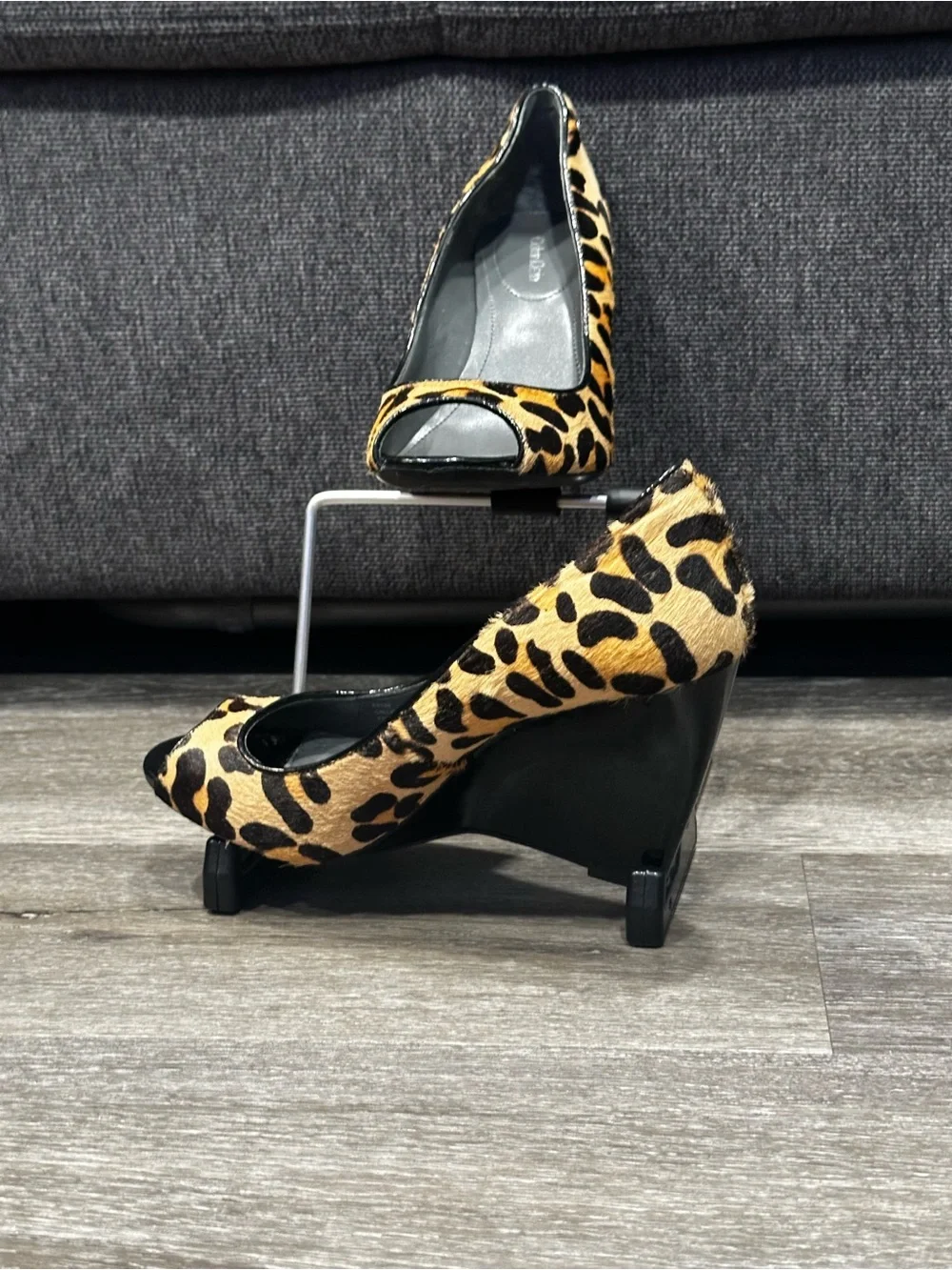 Calvin Klein Leopard Print Wedge Pumps - Black & Tan Size 6.5 real calfskin